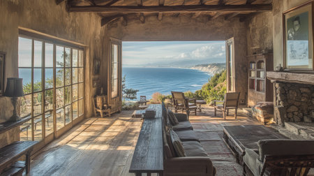 Historic European beach house with a weathered copy floor, sitting atop cliffs with stunning ocean views.の素材
