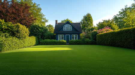 Elegant garden house in a manicured lawn, ideal for adding text.の素材