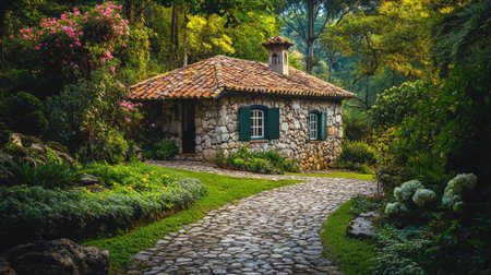 Picturesque garden house with a cobblestone path, with ample copy space.の素材