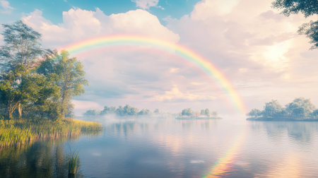 Beautiful rainbow over a tranquil lake, with ample space for copy.の素材