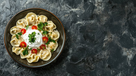 Top view of a Russian pelmeni dumpling dish with sour cream, with space for copy text.の素材