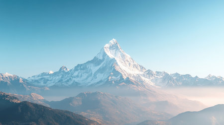 Majestic mountain peak under a clear blue sky, with a wide-open space for text.の素材