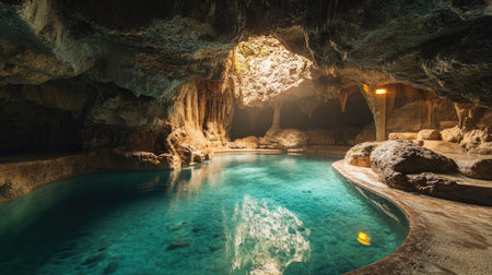 Serene underground cave pool illuminated by soft light, with plenty of space for copy.の素材
