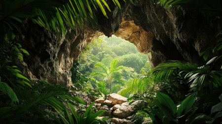 Dramatic cave entrance framed by lush greenery, with plenty of room for text.の素材