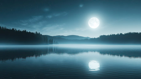 Moonlight reflecting on a tranquil lake, with ample space for copy.の素材