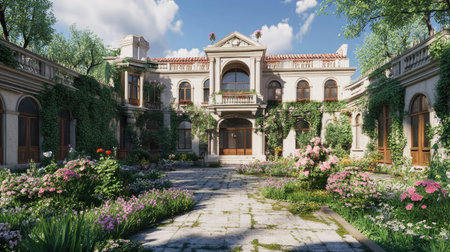 Iconic European mansion with a traditional copy floor and a courtyard filled with blooming flowers.の素材