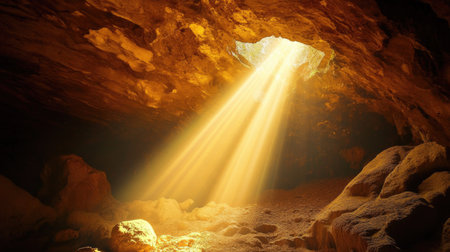 Sunbeams piercing through the roof of a hidden cave, with plenty of space for text.の素材
