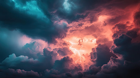 Lightning bolt striking across a stormy sky, perfect for text overlay.の素材