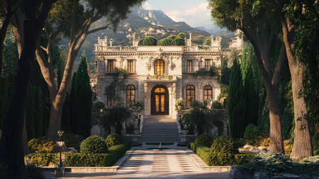 Stately European mansion with a grand copy floor and a majestic entrance surrounded by ancient trees.の素材