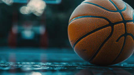 Intimate close-up of a basketball on a polished court surface, with ample copy space for text.の素材