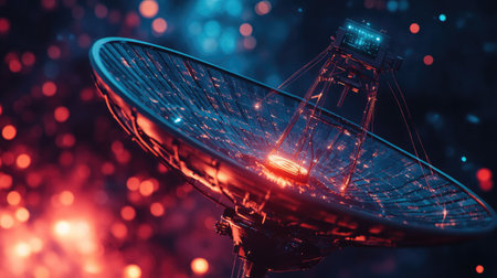 A close-up of a satellite dish with glowing signals, symbolizing satellite-based internet.の素材