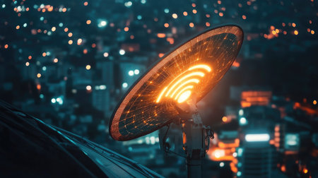 A satellite dish on a rooftop with a glowing network symbol, indicating internet connection.の素材