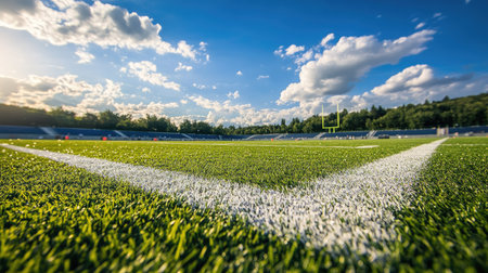 A pristine football field with freshly painted lines and lush green grass, ready for the game.の素材