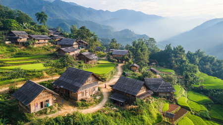 Peaceful Southeast Asian mountain village with traditional houses and terraced fields, rural charmの素材