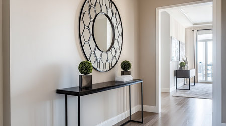 A sleek, contemporary hallway with geometric wall art, a black console table, and a statement mirrorの素材