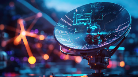 A satellite dish with a digital interface showing internet speed and connectivity.の素材