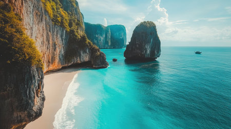 Majestic limestone cliffs in Southeast Asia rising from turquoise waters, stunning seascapeの素材