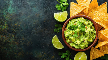 Top view of a freshly made guacamole with tortilla chips and lime wedges, with space for text.の素材