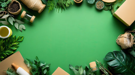 Top view of a green supply chain layout, including eco-friendly packaging and organic products, with ample copy space.の素材