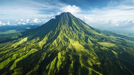 Majestic Southeast Asian volcano with a lush green base, towering over the landscapeの素材