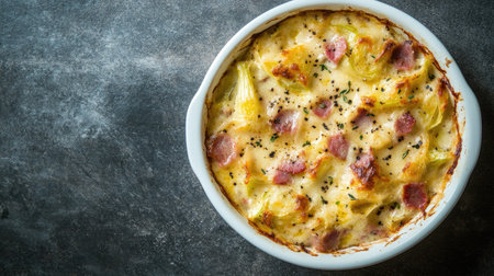 Top view of Belgian endive and ham gratin, served in a white dish, with ample copy space.の素材