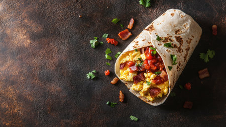 Top view of a hearty breakfast burrito with scrambled eggs, bacon, and salsa, with space for copy.の素材