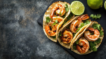 A top view of spicy grilled shrimp tacos with lime and cilantro, with room for copy space.の素材