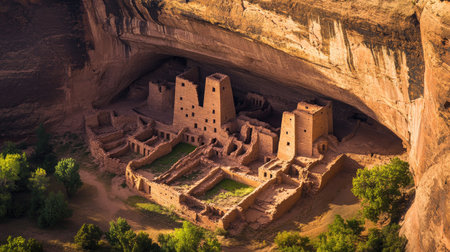 A top view of Canyon de Chelly's dramatic cliffs and ancient ruins, with room for text.の素材
