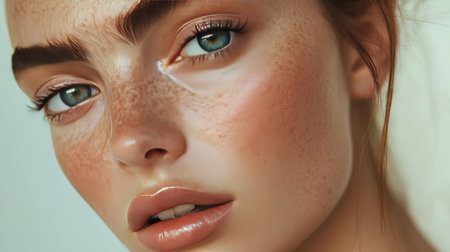 Flawless skin with a dewy finish, model's face in soft light, perfect complexion, with copy spaceの素材