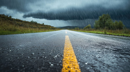 Heavy rain falling on a deserted road under dark storm clouds, with space for text.の素材