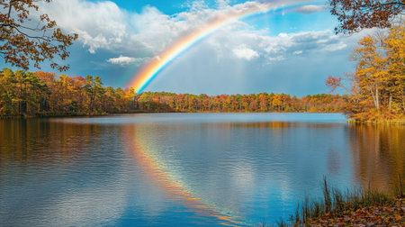 Beautiful rainbow over a tranquil lake, with ample space for copy.の素材
