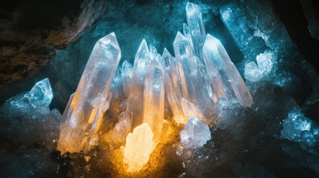 Glowing crystals inside a mysterious cave, perfect for text placement.の素材