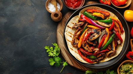Top view of a plate of sizzling fajitas with grilled vegetables and tortillas, with ample copy space available.の素材