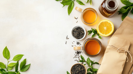 Assorted health and environmentally friendly products, including herbal teas and reusable bags, with copy space on a light background.の素材