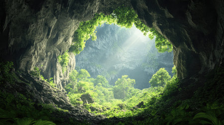 Dramatic cave entrance framed by lush greenery, with plenty of room for text.の素材