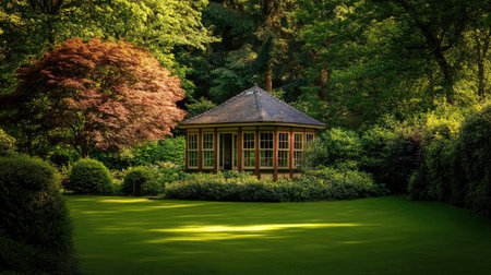 Elegant garden house in a serene setting, surrounded by trees, perfect for text.の素材