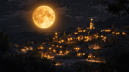 Full moon casting a glow over a peaceful village, perfect for text overlay.の素材