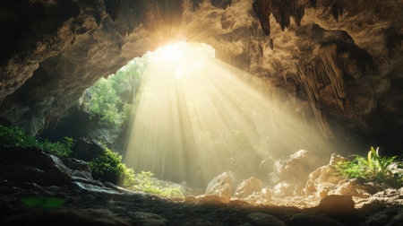 Sunlight streaming through the entrance of a majestic cave, with ample space for copy.の素材