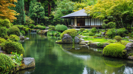 Scenic garden house with a tranquil pond, ideal for adding text.の素材
