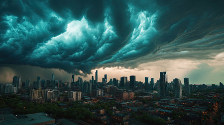 Dramatic storm clouds gathering over a city skyline, with ample copy space.の素材