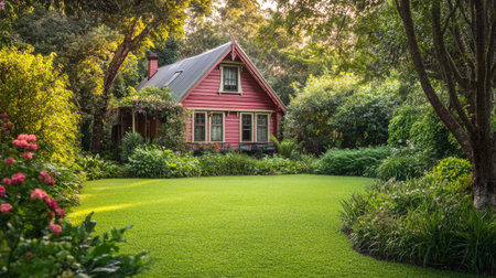 Quaint garden house with a lush green lawn, with ample copy space.の素材