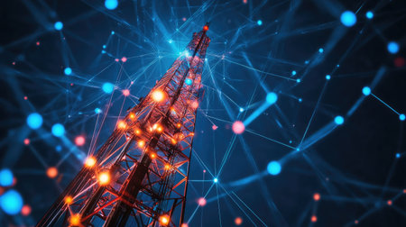 A digital communication tower with glowing signals, symbolizing advanced technology.の素材