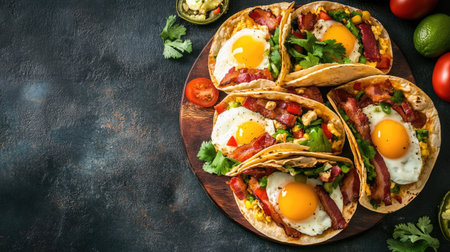 A spread of Southwestern-style breakfast tacos with eggs and bacon, top view, with copy space available.の素材