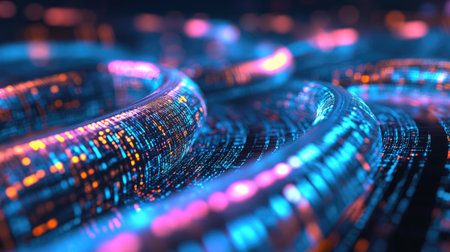 A 3D rendering of data packets flowing through a network, symbolizing communication technology.の素材