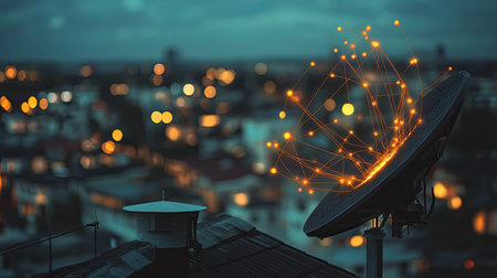 A rooftop satellite dish with glowing connections, symbolizing satellite internet service.の素材
