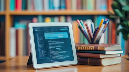 A tablet displaying an online course interface, representing digital education.の素材