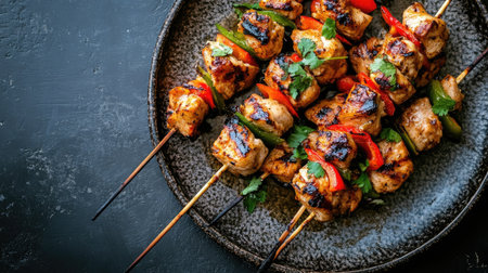 A plate of spicy grilled Southwestern chicken skewers, seen from above, with room for copy space.の素材
