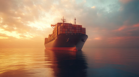 A large cargo ship sailing on calm waters, with containers stacked neatly on deck.の素材