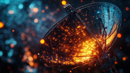 A close-up of a satellite dish with glowing signals, symbolizing satellite-based internet.の素材