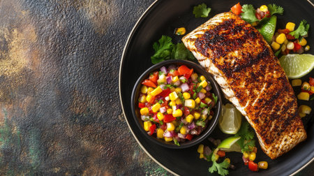 Top view of Southwestern-style blackened fish with a side of corn salsa, with room for text.の素材